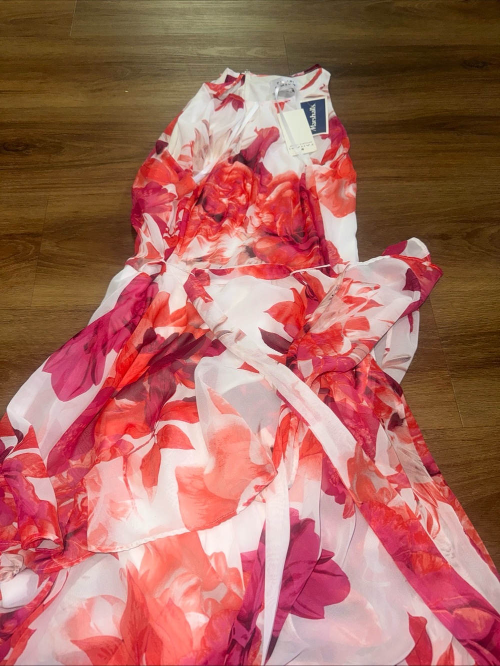 Tahari Pink & Coral Floral Halter Tiered Maxi Dress Size 12 - Picture 2 of 6